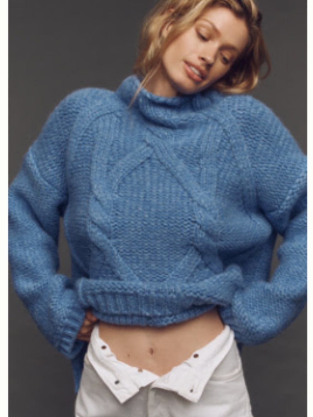 Anthropologie Medium Maeve Relaxed Mock-Neck Cable Knit Sweater (Blue) - Picture 1 of 5